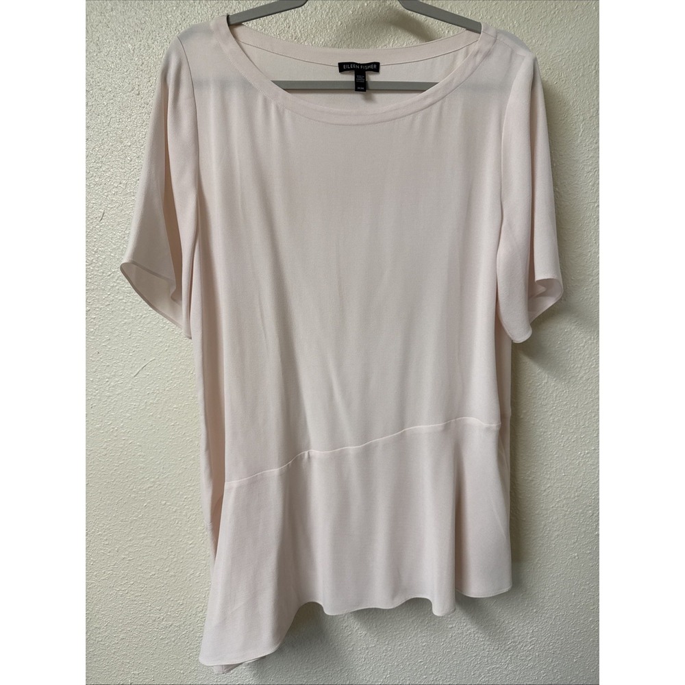 Eileen Fisher Silk Top Pale Pink Short Sleeve Asymmetric Lagen Career Office Med